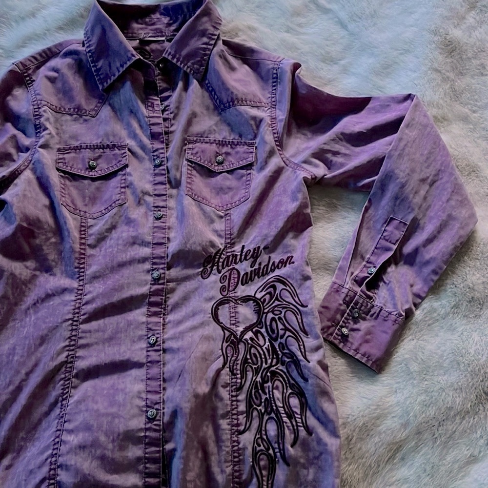 Harley Davidson fitted rhinestone button down stitched logo shirt